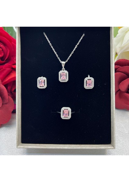Pembe Baget Kadın 3'lü Takı Seti 925 Ayar Gümüş Zirkon Taşlı