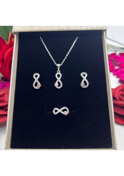 Pembe Kalp Sonsuzluk Kadın 3'lü Set 925 Ayar Gümüş Zirkon Rodyumlu Taşlı