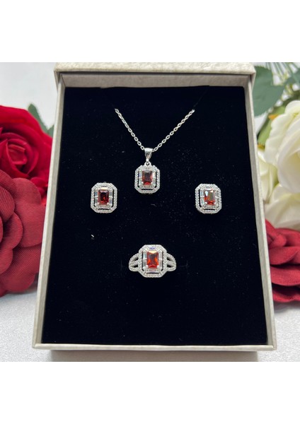 Kırmızı Baget Kadın 3'lü Takı Seti 925 Ayar Gümüş Zirkon Taşlı