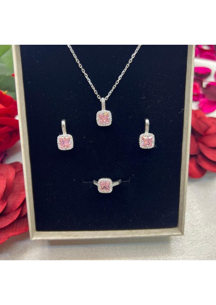Pembe Kare Kadın 3'lü Takı Seti 925 Ayar Gümüş Zirkon Taşlı