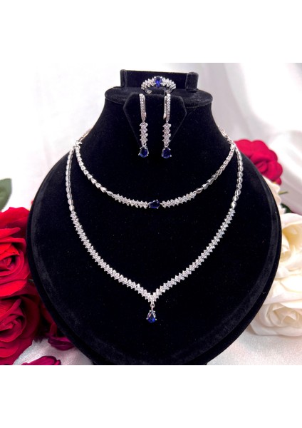 Safir Mavisi Damla Taşlı Gelin Nişan 4'lü Takı Seti 925 Ayar Gümüş