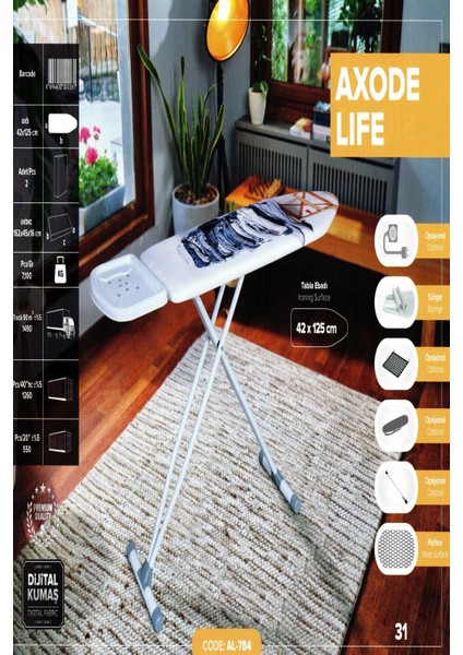 Axode Lıfe Ütü Masası Ürün Tabla Ölçüsü: 42 x 125 cm