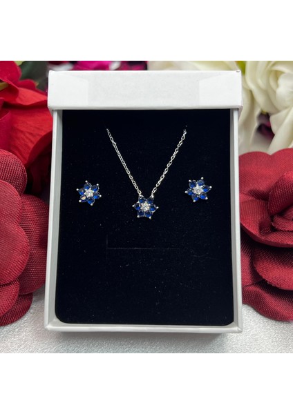 Safir Mavisi Çiçeği Kadın 2'li Setii 925 Ayar Gümüş Rodyumlu Zirkon Taşlı