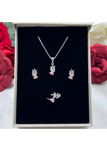 Pembe Kalp Taşlı Yaprak Model Kadın 3'lü Set 925 Ayar Gümüş Zirkon Taşlı