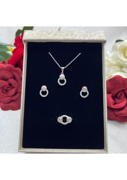 Pembe Taşlı Halka Kadın 2'li Seti 925 Ayar Gümüş Rodyumlu Zirkon Taşlı