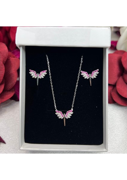 Kırmızı Melek Kanadı Kadın 2'li Setii 925 Ayar Gümüş Rodyumlu Zirkon Taşlı