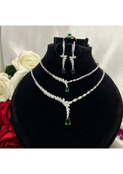 Zümrüt Yeşili Damla ve Markiz Taşlı Gelin Nişan 4'lü Takı Seti 925 Ayar Gümüş Zirkon Taşlı