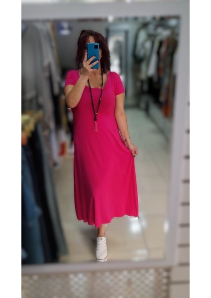 Fuşya Kısa Kollu Elbise
