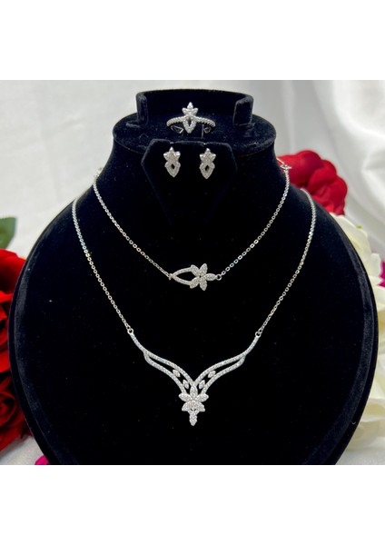 Kraliçe Tacı Modeli Gelin Nişan 4'lü Takı Seti 925 Ayar Gümüş Zirkon Taşlı
