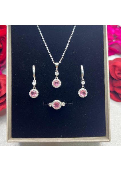 Pembe Yuvarlak Taşlı Kadın 3'lü Set 925 Ayar Gümüş Zirkon Taşlı