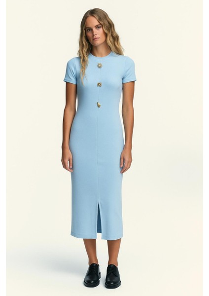 Ottoman Kumaş Kısa Kollu Yırtmaç Detaylı Midi elbise