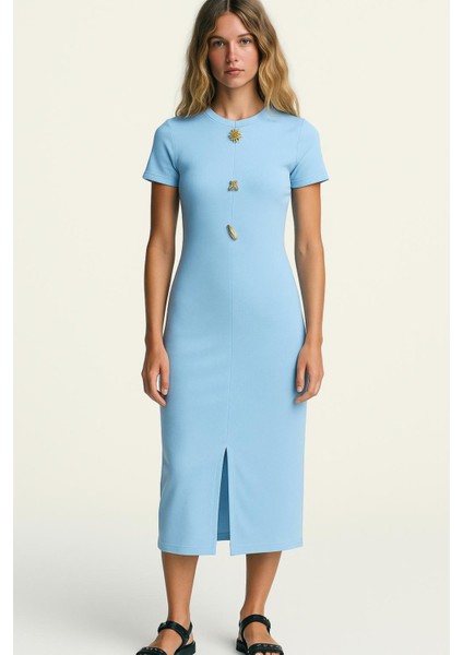 Ottoman Kumaş Kısa Kollu Yırtmaç Detaylı Midi elbise fiyatları