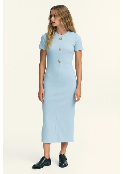 Ottoman Kumaş Kısa Kollu Yırtmaç Detaylı Midi elbise modelleri