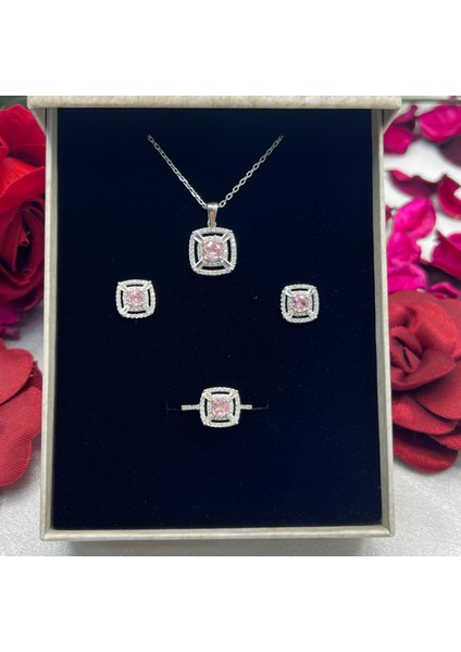 Pembe Kare Kadın 3'lü Set 925 Ayar Gümüş Rodyumlu Baget ve Zirkon Taşlı