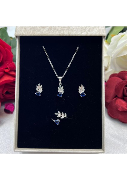 Safir Mavisi Kalp Taşlı Yaprak Model Kadın 3'lü Set 925 Ayar Gümüş Zirkon Taşlı