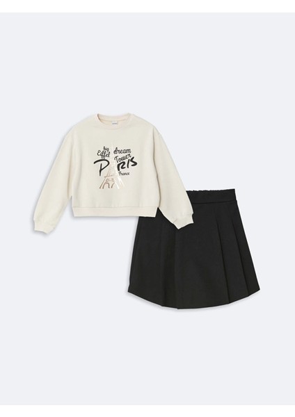 Lcw Kids Bej Bisiklet Yaka Kız Çocuk Tişört ve Şort Etek