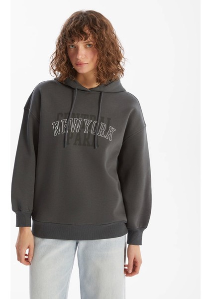 Lcw Vision Gri New York Baskılı Oversize Kadın Kalın Hoodie