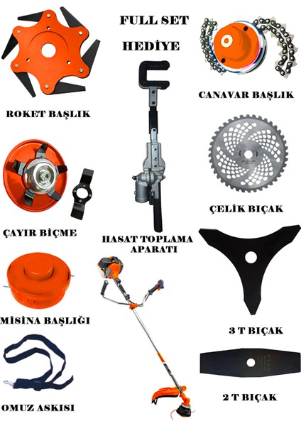 Eısenn 2000 Seri Yan Tipi Benzinli Motorlu Tırpan + Zeytin Badem Hasat Makinası 10 Parça Özel Set modelleri