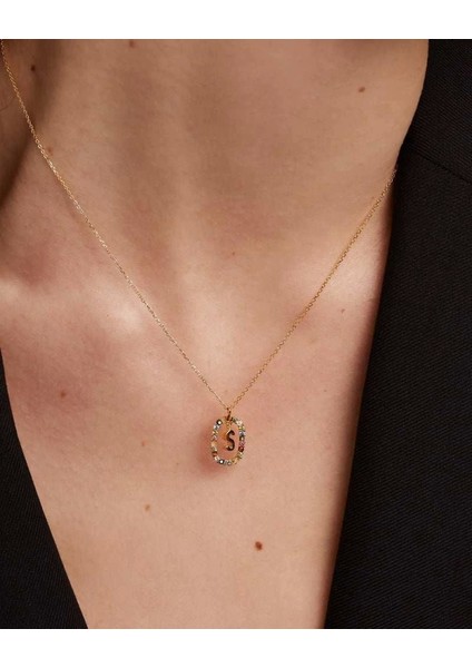 Renkli Taşlı Gümüş Harf Kolye - Rose modelleri