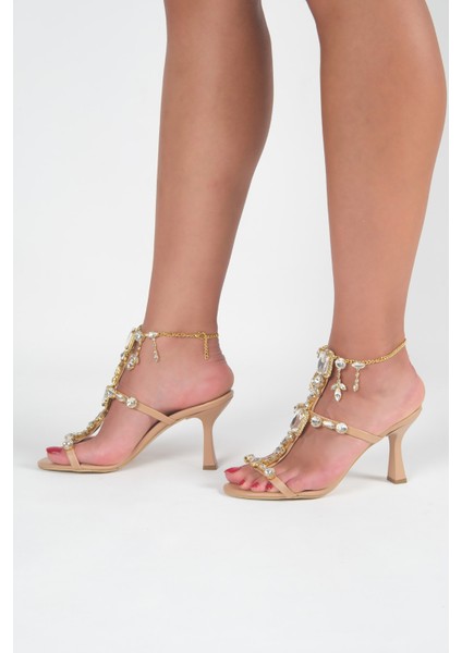 Taş Detaylı Bilek Bağlamalı 9 cm Topuklu Abiye Ayakkabı Sandalet