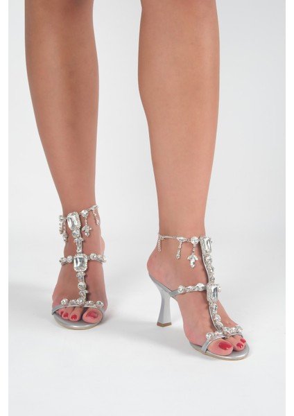 Taş Detaylı Bilek Bağlamalı 9 cm Topuklu Abiye Ayakkabı Sandalet