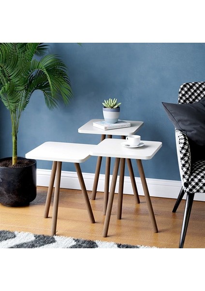 Ahşap Ayaklı Kare Tasarım Üçlü Zigon Sehpa Karedüz Beyaz