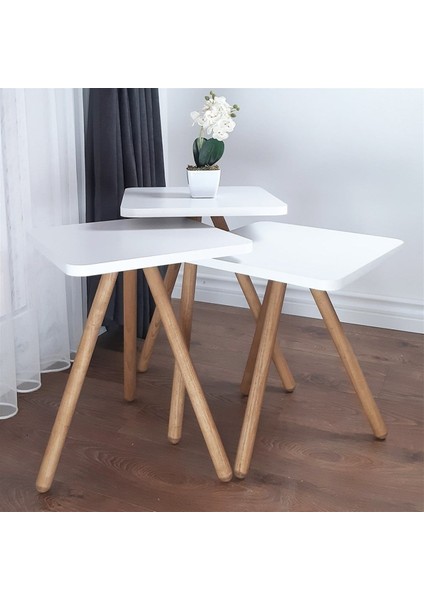 Ahşap Ayaklı Kare Tasarım Üçlü Zigon Sehpa Karedüz Beyaz fiyatları