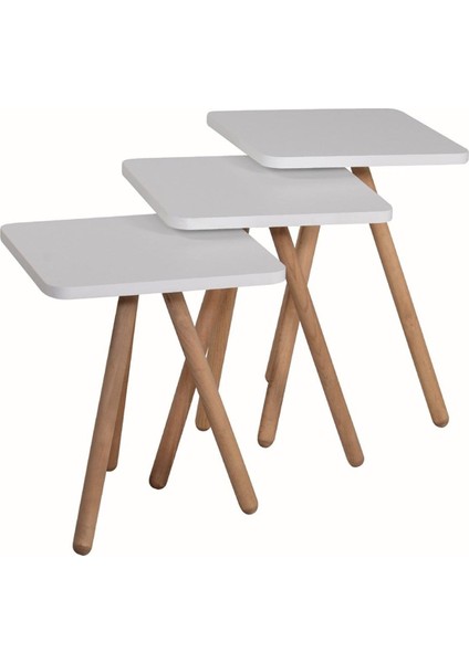 Ahşap Ayaklı Kare Tasarım Üçlü Zigon Sehpa Karedüz Beyaz indirimleri