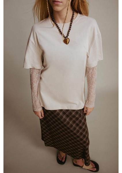 Coool Oversize Geniş Kalıp Bisiklet Yaka Dantel Detaylı Uzun Kollu Tişört E7605AX25AU modelleri