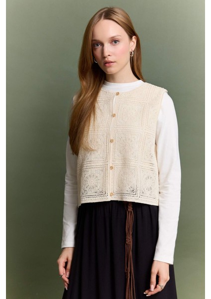 Boxy Fit Bisiklet Yaka Dantel Yelek F1814AX25SM