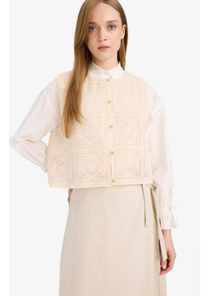 Boxy Fit Bisiklet Yaka Dantel Yelek F1814AX25SM