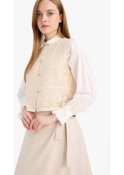 Boxy Fit Bisiklet Yaka Dantel Yelek F1814AX25SM