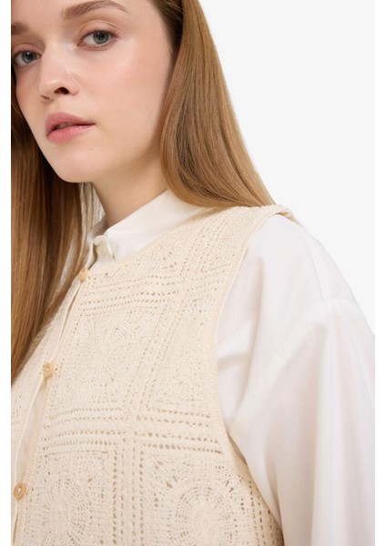 Boxy Fit Bisiklet Yaka Dantel Yelek F1814AX25SM