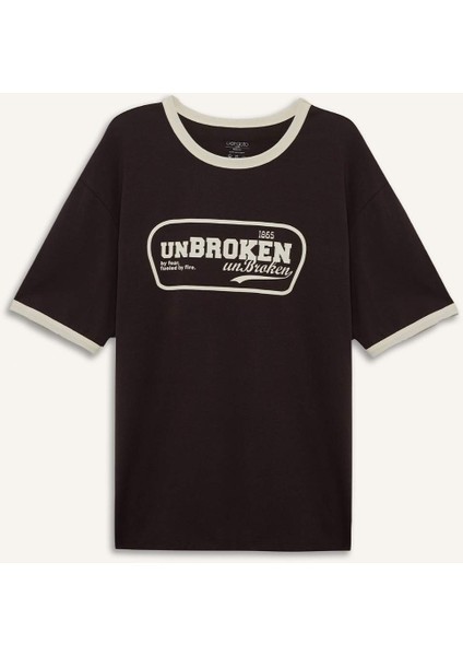 %100 Pamuk Boxy Fit Bisiklet Yaka Baskılı Kısa Kollu Tişört F4446AX25SM