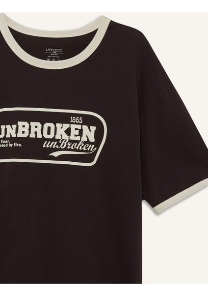 %100 Pamuk Boxy Fit Bisiklet Yaka Baskılı Kısa Kollu Tişört F4446AX25SM