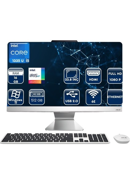 A3402WBAK-MMC215W I5-1335U 16 GB 512GB SSD 23.8" Fhd Windows 11 HoMe All In One Bilgisayar
