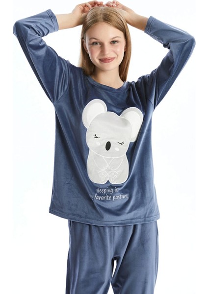 Lcw Young Mor H12 Bisiklet Yaka Nakışlı Uzun Kollu Kadife Kadın Pijama Takımı
