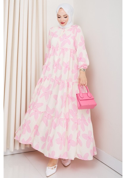 Kadın Büyük Beden Çiçek Desenli Düğmeli Kat Kat Elbise