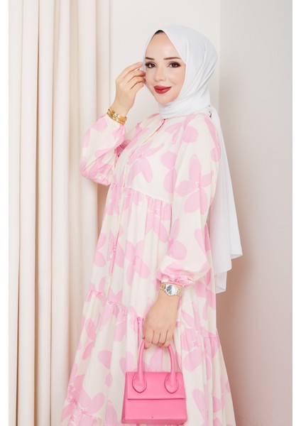 Kadın Büyük Beden Çiçek Desenli Düğmeli Kat Kat Elbise fiyatları