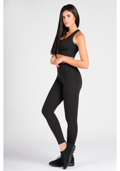 Siyah Yüksek Bel Arka Cepli Toprlayıcı Kadın Spor Taytı