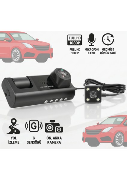 Blackbox Araç Içi Kamera Trafik Kamerası Mikrofonlu Yol Takip 3 Kamera Sürücü Yol Ekranlı Kamera Kayıt Cihazı Siyah