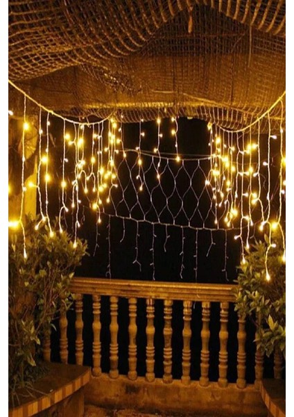 16 Saçaklı 4 mt Dekoratif 96 LED Işık Sarkıt Sarı Renk Ip Perde Iç Mekan Dış Mekan Perde LED