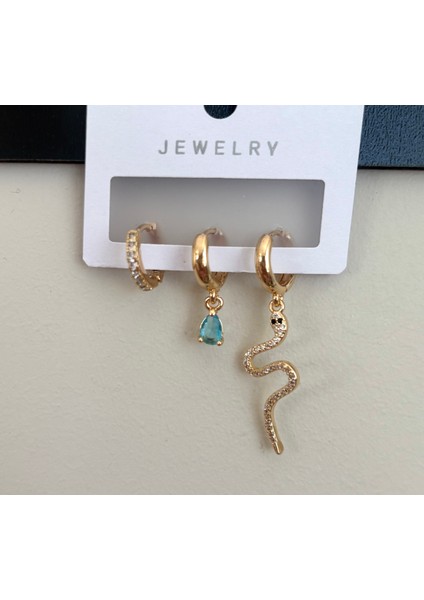 Altın Renk Zarif Minimal Çelik Küpe Seti – Taşlı, Damla Taşlı ve Yılan Figürlü