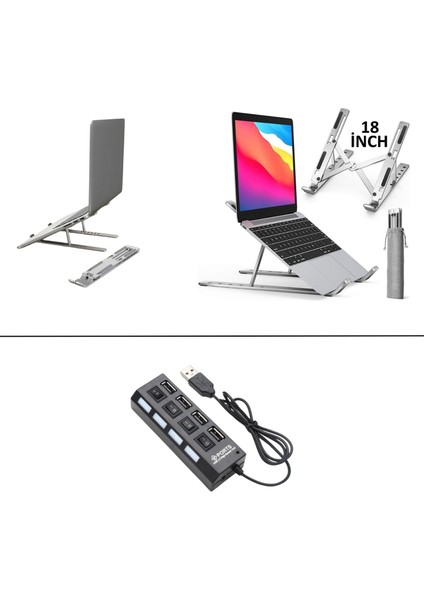 Alüminyum Ayarlı Laptop Macbook Notebook iPad Tablet Yükseltici Tutucu Standı + 4 Port USB 2.0 Çoklayıcı Çoğaltıcı Hub Anahtarlı Işıklı On Off