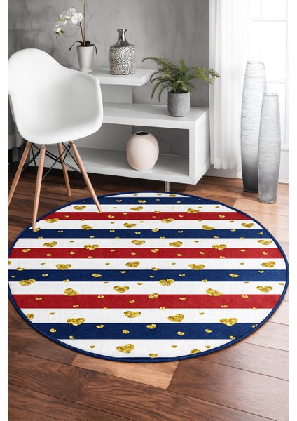 Altın Kalpler Çizgili Yuvarlak Halı – Modern Dekoratif Tasarım