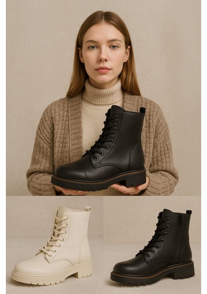 Orla Hakiki Deri 6 cm Boy Uzatan Kadın Bot - Krem indirimleri