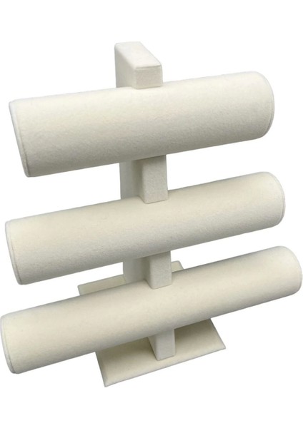 Süet Kumaş Krem Renk Üçlü Kademeli 30/26 cm Bileklik-Saat Sergileme Standı