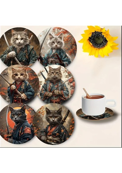 6'lı Bardak Altlığı Seti, Kung Fu Cat Ninja Tasarımı, Çay ve Içecekler Için Uygun