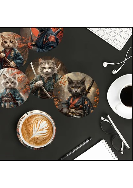 6'lı Bardak Altlığı Seti, Kung Fu Cat Ninja Tasarımı, Çay ve Içecekler Için Uygun modelleri