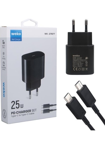 Weko WK-27877 NOTE10 Siyah 25 Watt Şarj Başlık Adaptörü + Type-C To Type-C Kablo fiyatları